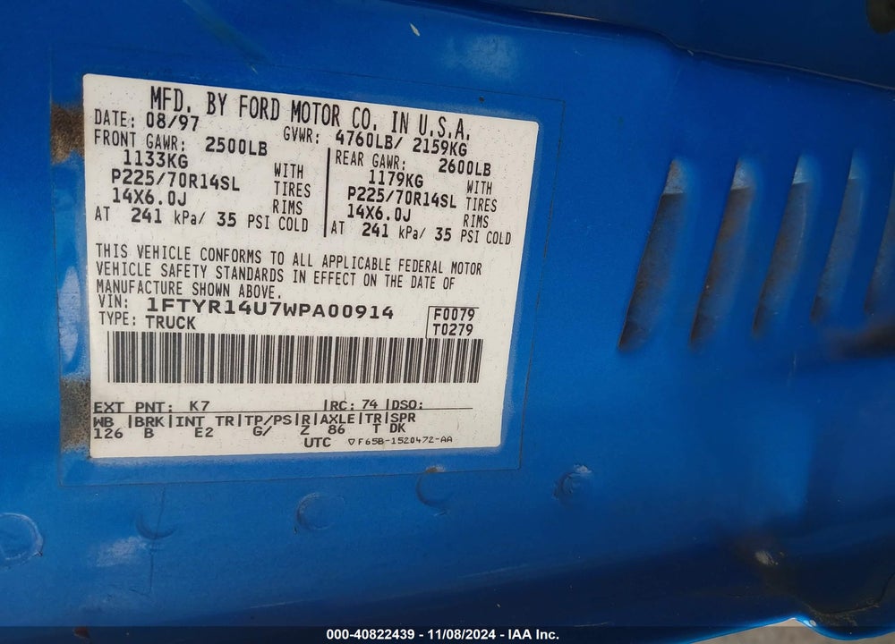 1998 FORD RANGER SPLASH/XL/XLT VIN: 1FTYR14U7WPA00914