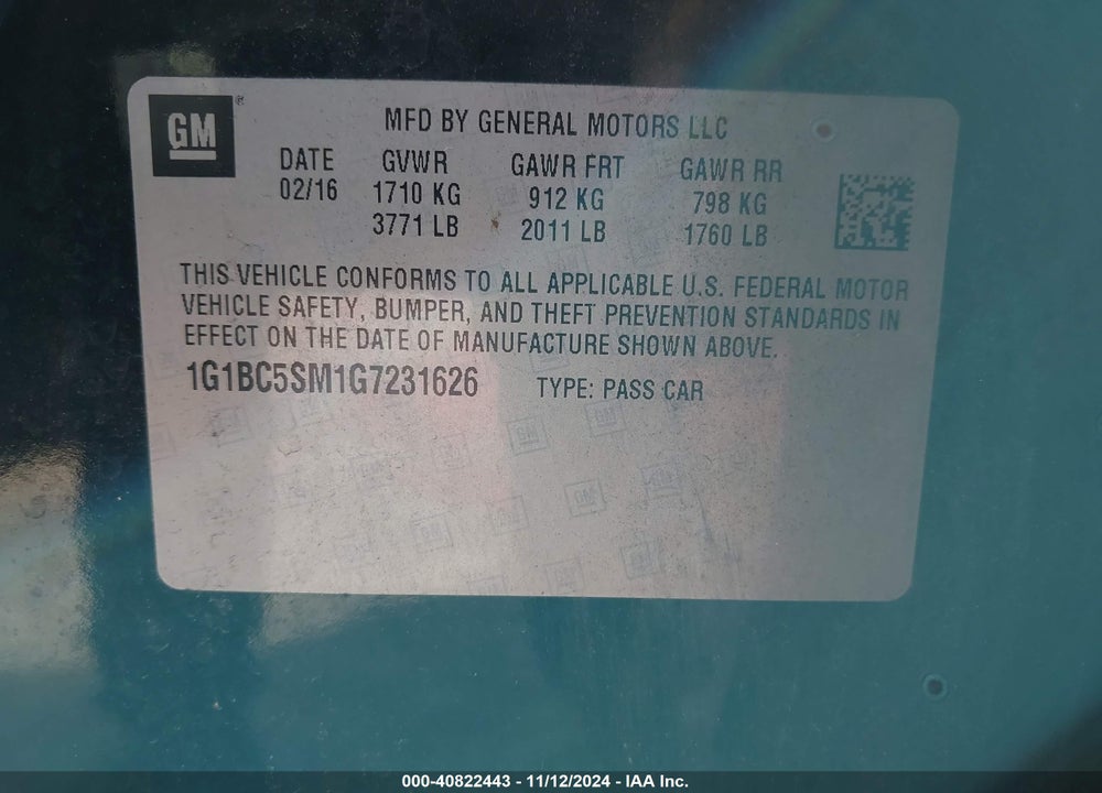 2016 CHEVROLET CRUZE LS AUTO VIN: 1G1BC5SM1G7231626