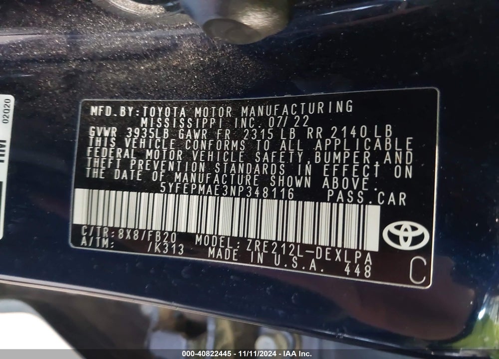 2022 TOYOTA COROLLA LE VIN: 5YFEPMAE3NP348116
