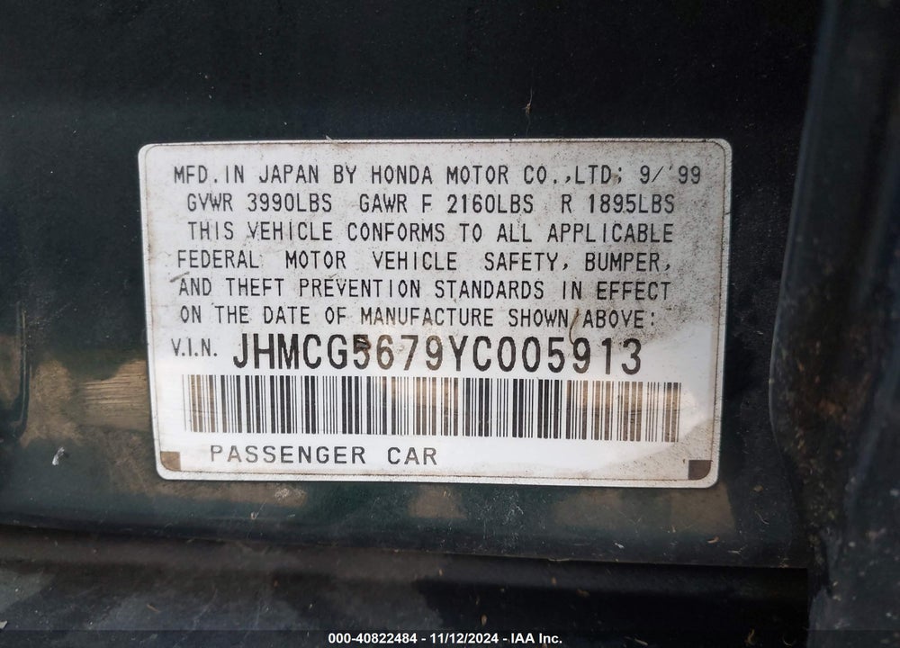 2000 HONDA ACCORD 2.3 SE VIN: JHMCG5679YC005913