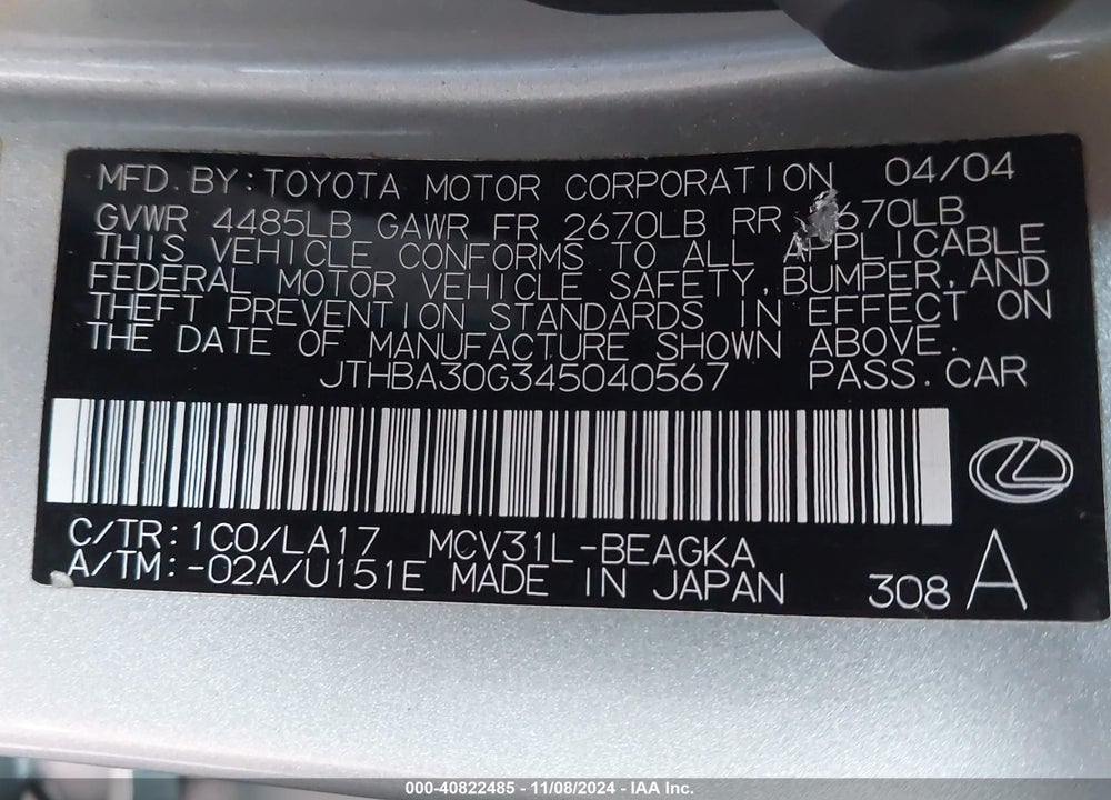 2004 LEXUS ES 330 VIN: JTHBA30G345040567