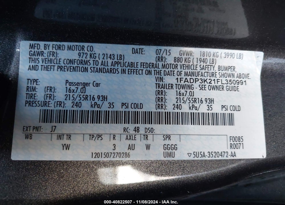 2015 FORD FOCUS VIN: 1FADP3K21FL350991