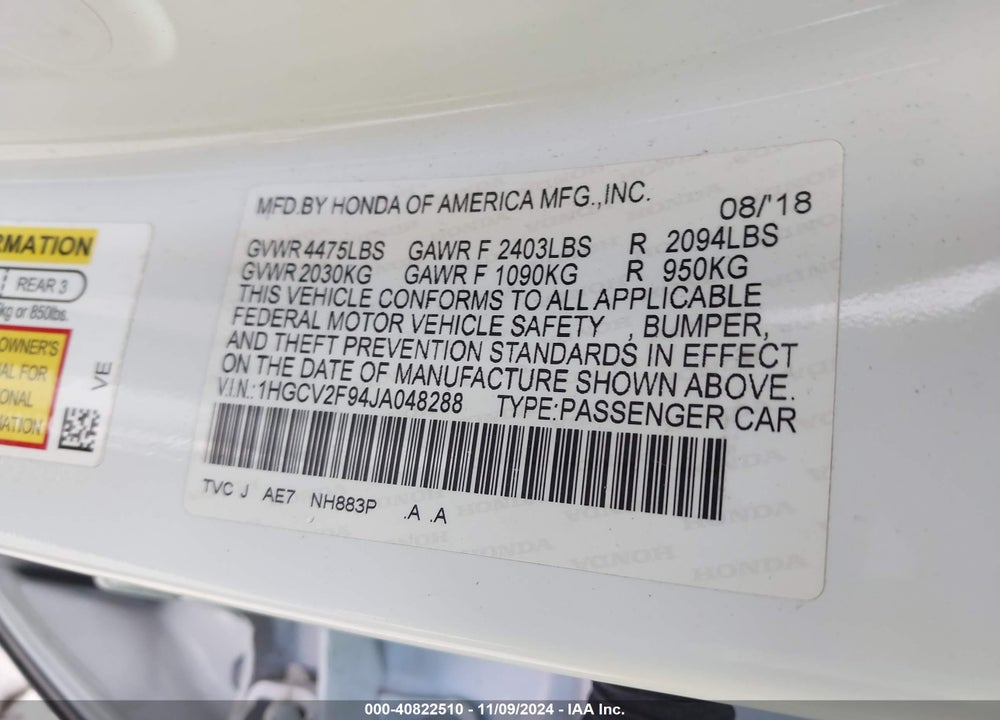 2018 HONDA ACCORD TOURING 2.0T VIN: 1HGCV2F94JA048288