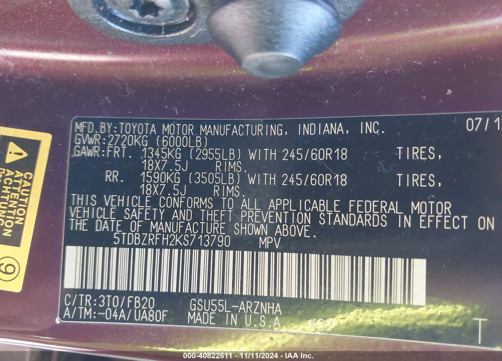 2019 TOYOTA HIGHLANDER LE VIN: 5TDBZRFH2KS713790
