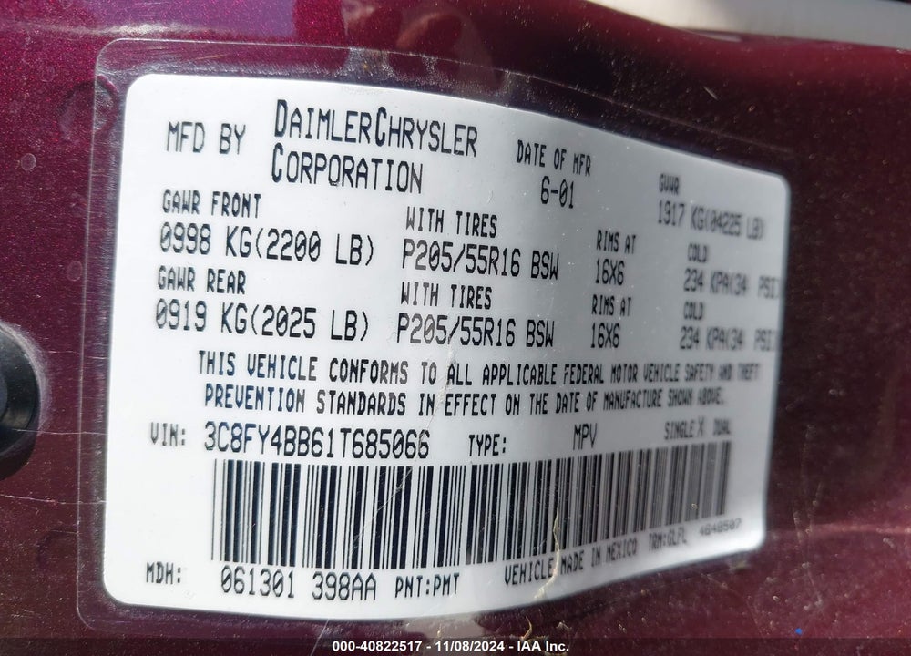 2001 CHRYSLER PT CRUISER VIN: 3C8FY4BB61T685066