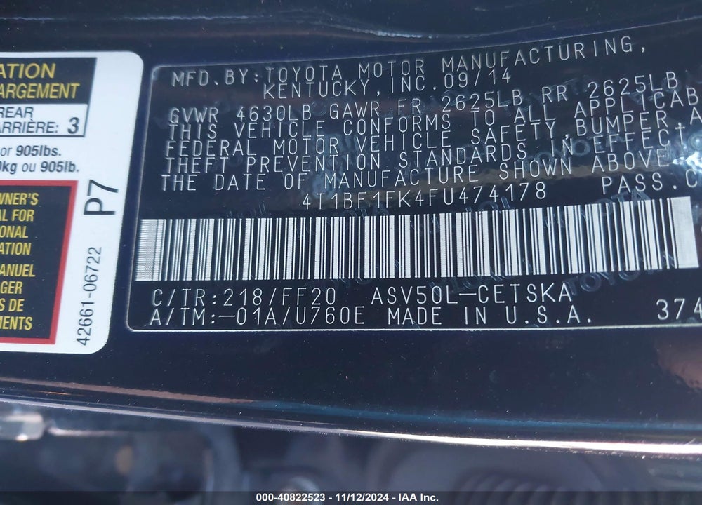 2015 TOYOTA CAMRY SE VIN: 4T1BF1FK4FU474178