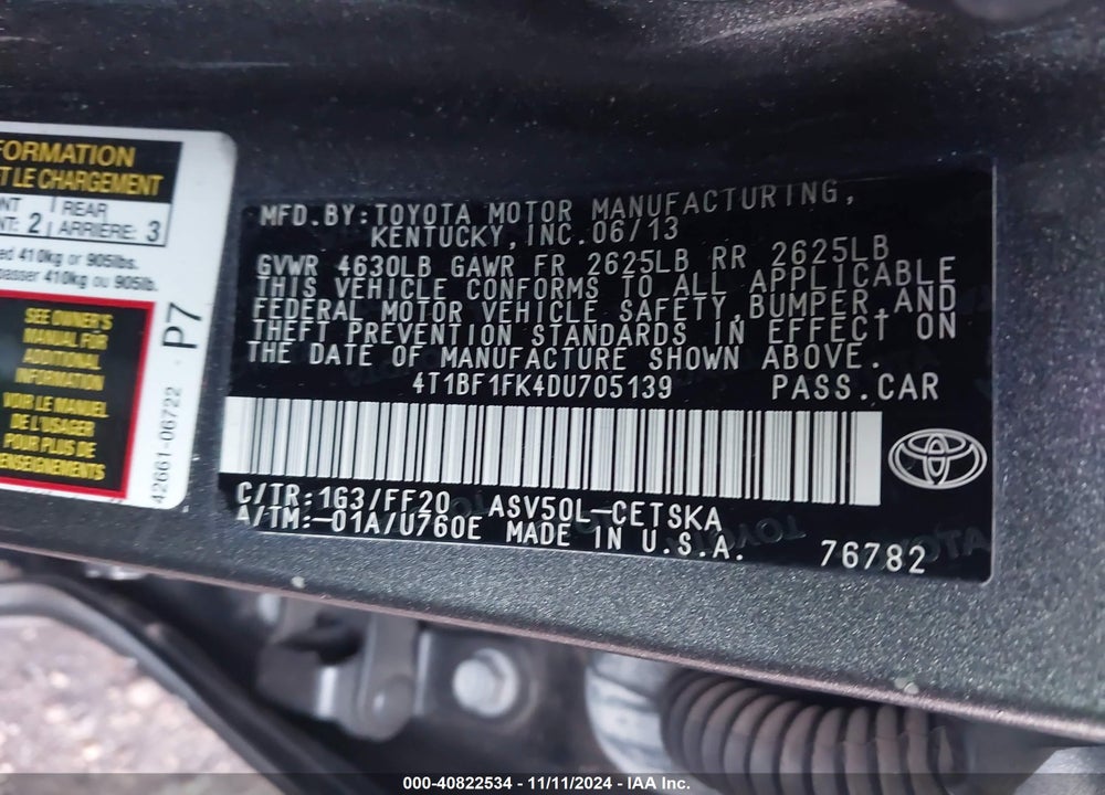 2013 TOYOTA CAMRY SE VIN: 4T1BF1FK4DU705139