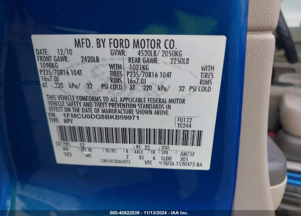 2011 FORD ESCAPE XLT VIN: 1FMCU0DG5BKB09971