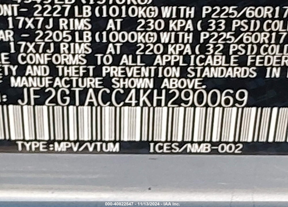 2019 SUBARU CROSSTREK 2.0I PREMIUM VIN: JF2GTACC4KH290069