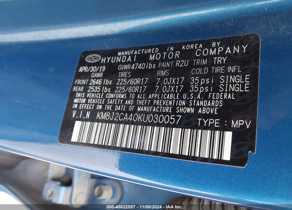 2019 HYUNDAI TUCSON VIN: KM8J2CA40KU030057