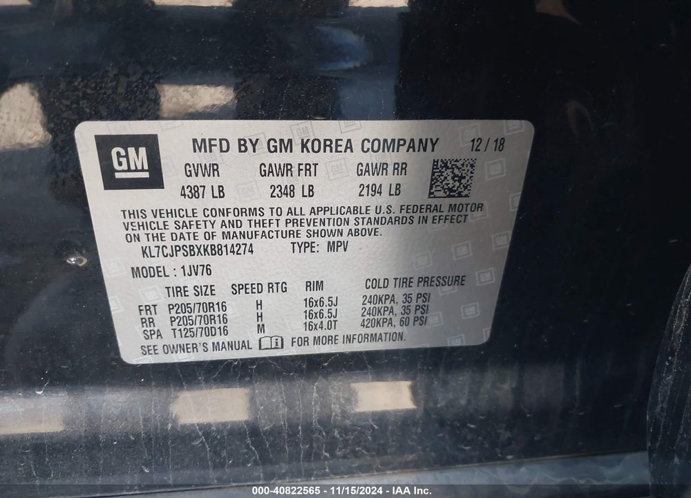 2019 CHEVROLET TRAX LT VIN: KL7CJPSBXKB814274