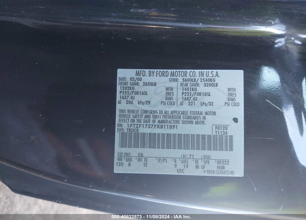 2000 FORD F-150 WORK SERIES/XL/XLT VIN: 1FTZF1727YKB11891