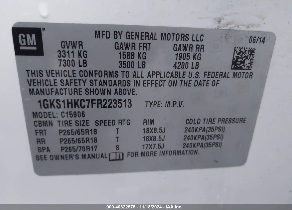 2015 GMC YUKON XL 1500 VIN: 1GKS1HKC7FR223513