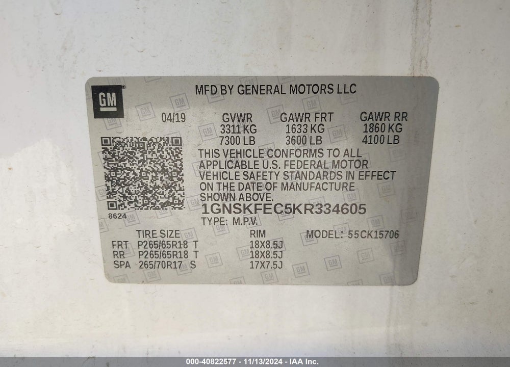 2019 CHEVROLET TAHOE COMMERCIAL FLEET VIN: 1GNSKFEC5KR334605