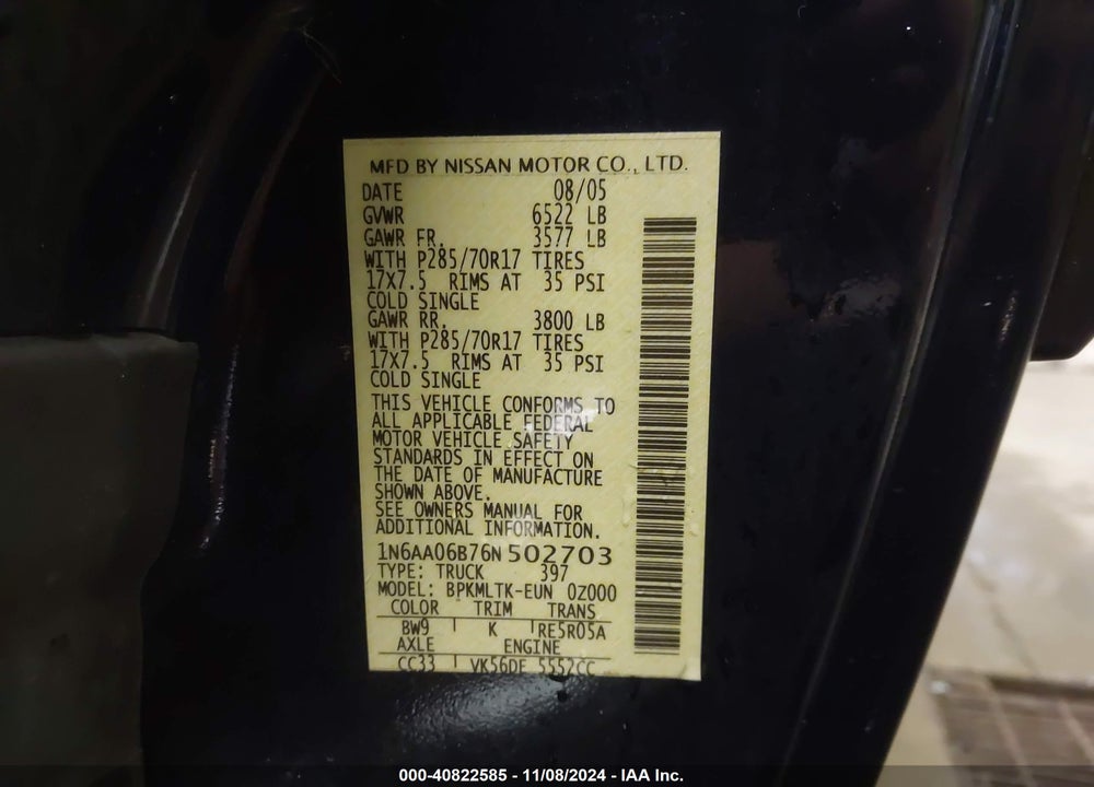 2006 NISSAN TITAN SE VIN: 1N6AA06B76N502703