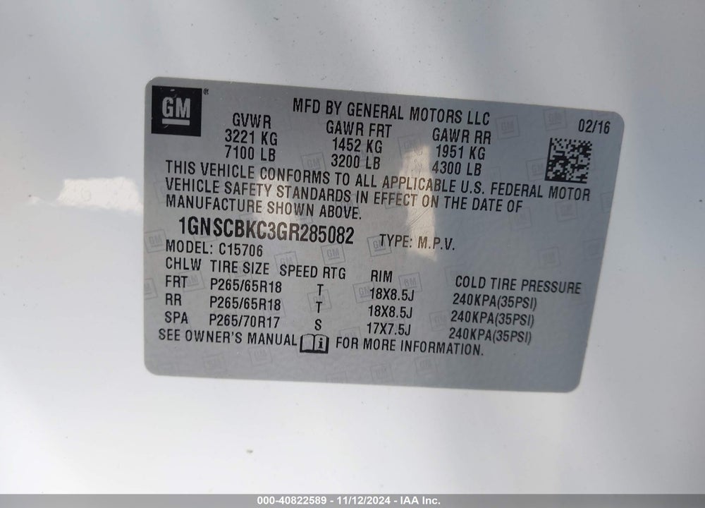 2016 CHEVROLET TAHOE LT VIN: 1GNSCBKC3GR285082