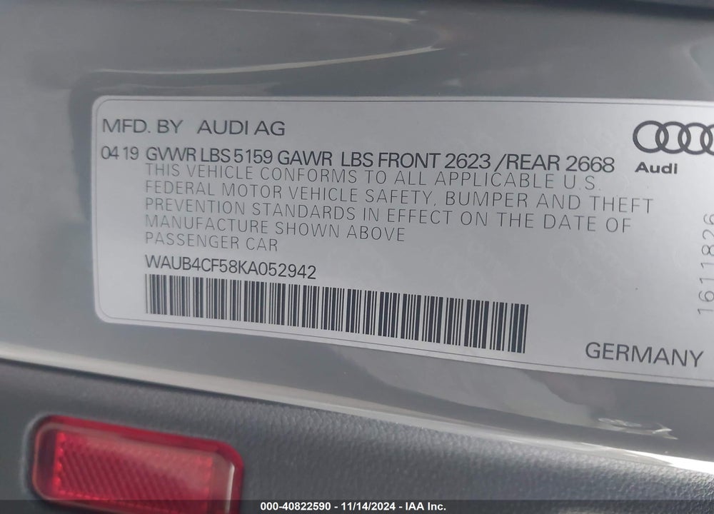 2019 AUDI S5 3.0T PREMIUM VIN: WAUB4CF58KA052942