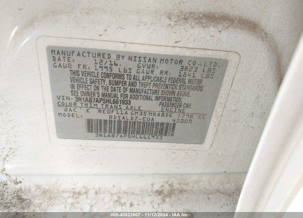 2017 NISSAN SENTRA SV VIN: 3N1AB7AP5HL661933