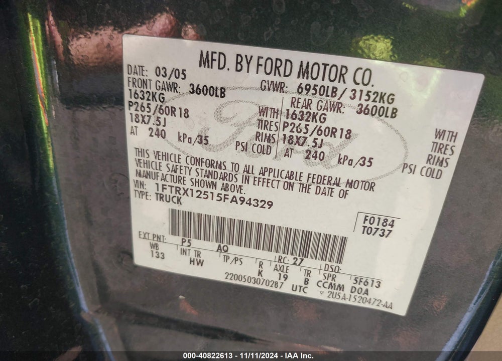2005 FORD F-150 LARIAT/XL/XLT VIN: 1FTRX12515FA94329