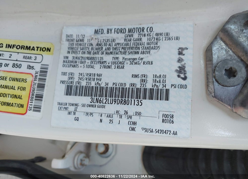 2013 LINCOLN MKZ HYBRID VIN: 3LN6L2LU9DR801135