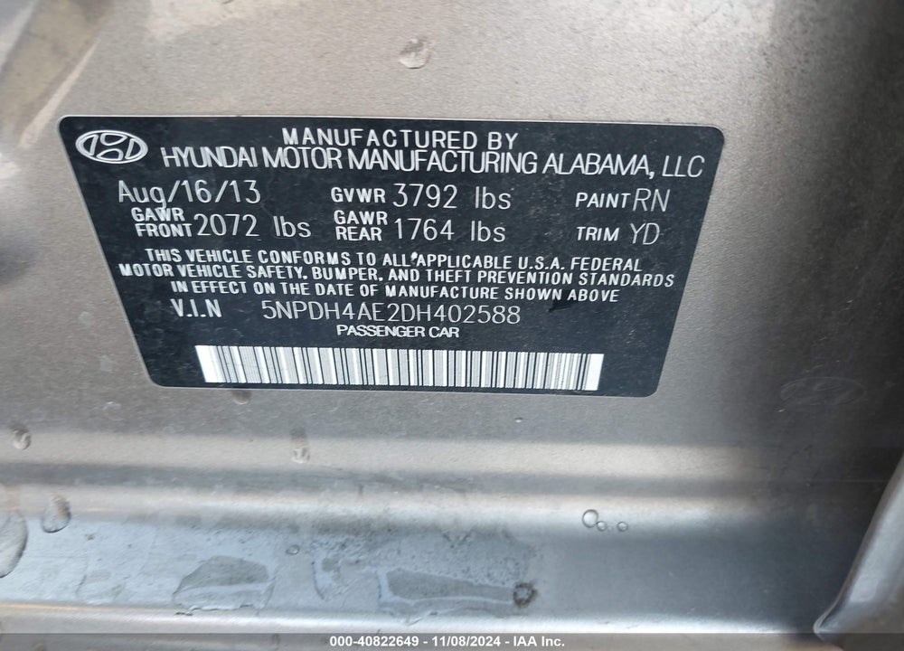 2013 HYUNDAI ELANTRA GLS VIN: 5NPDH4AE2DH402588