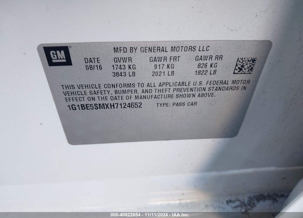 2017 CHEVROLET CRUZE LT AUTO VIN: 1G1BE5SMXH7124652