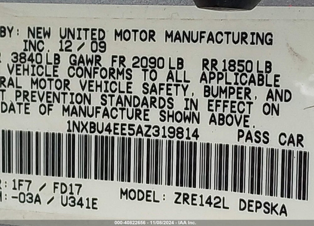 2010 TOYOTA COROLLA S VIN: 1NXBU4EE5AZ319814