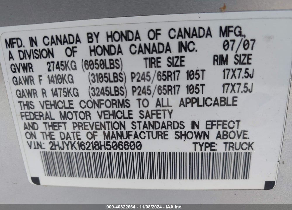 2008 HONDA RIDGELINE RT VIN: 2HJYK16218H506600