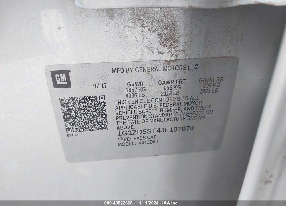 2018 CHEVROLET MALIBU LT VIN: 1G1ZD5ST4JF107074