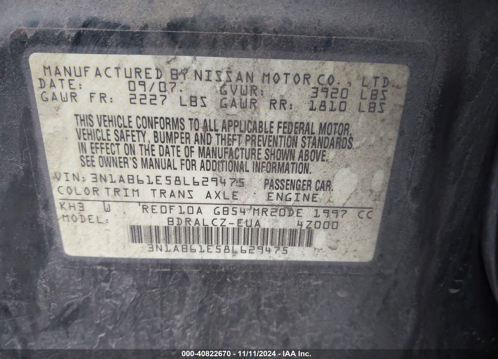 2008 NISSAN SENTRA 2.0 VIN: 3N1AB61E58L629475