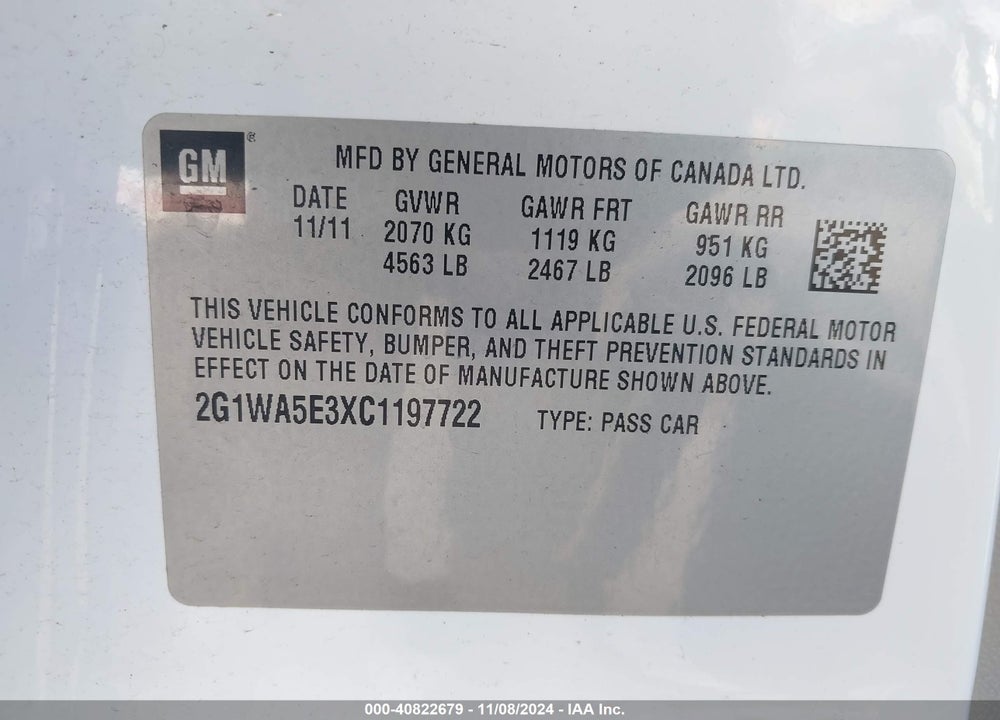 2012 CHEVROLET IMPALA LS RETAIL VIN: 2G1WA5E3XC1197722