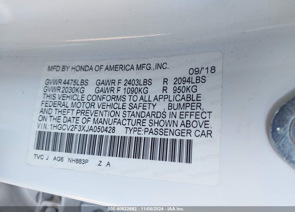 2018 HONDA ACCORD SPORT 2.0T VIN: 1HGCV2F3XJA050428