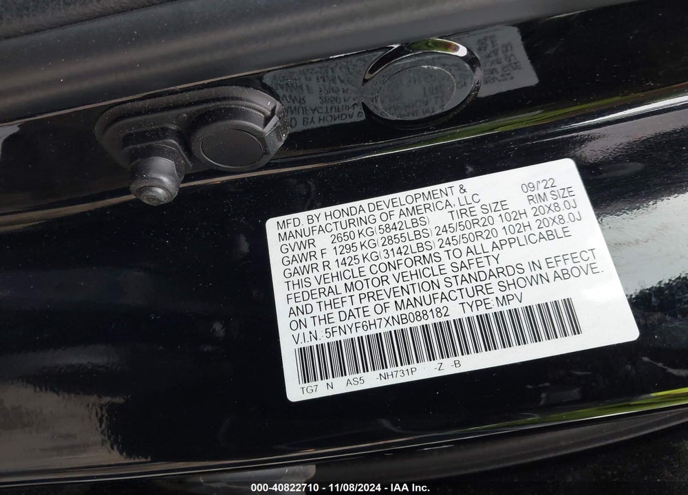 2022 HONDA PILOT AWD BLACK EDITION VIN: 5FNYF6H7XNB088182