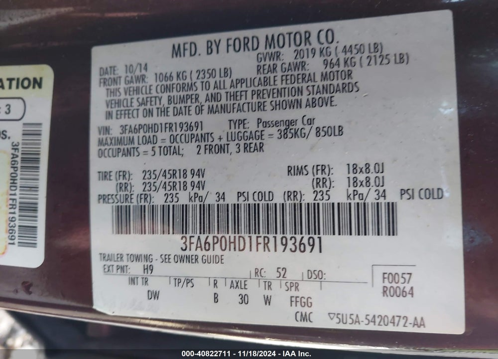 2015 FORD FUSION SE VIN: 3FA6P0HD1FR193691