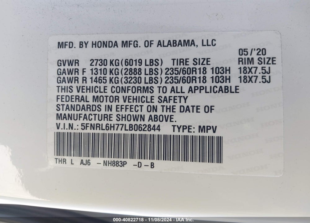 2020 HONDA ODYSSEY VIN: 5FNRL6H77LB062844