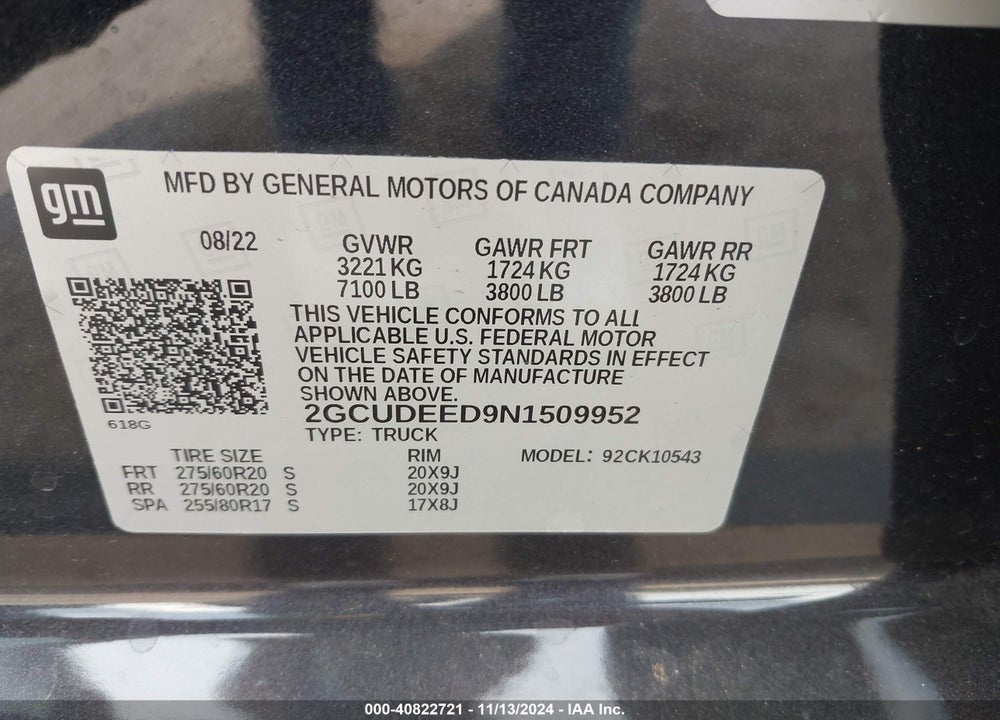 2022 CHEVROLET SILVERADO 1500 VIN: 2GCUDEED9N1509952
