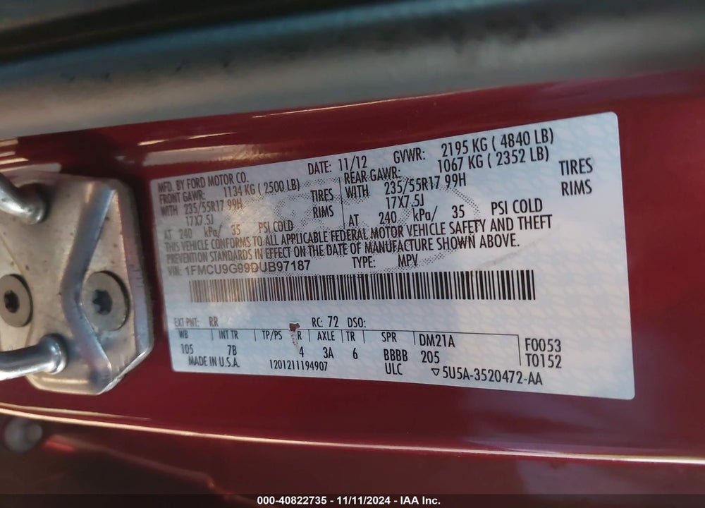 2013 FORD ESCAPE SE VIN: 1FMCU9G99DUB97187