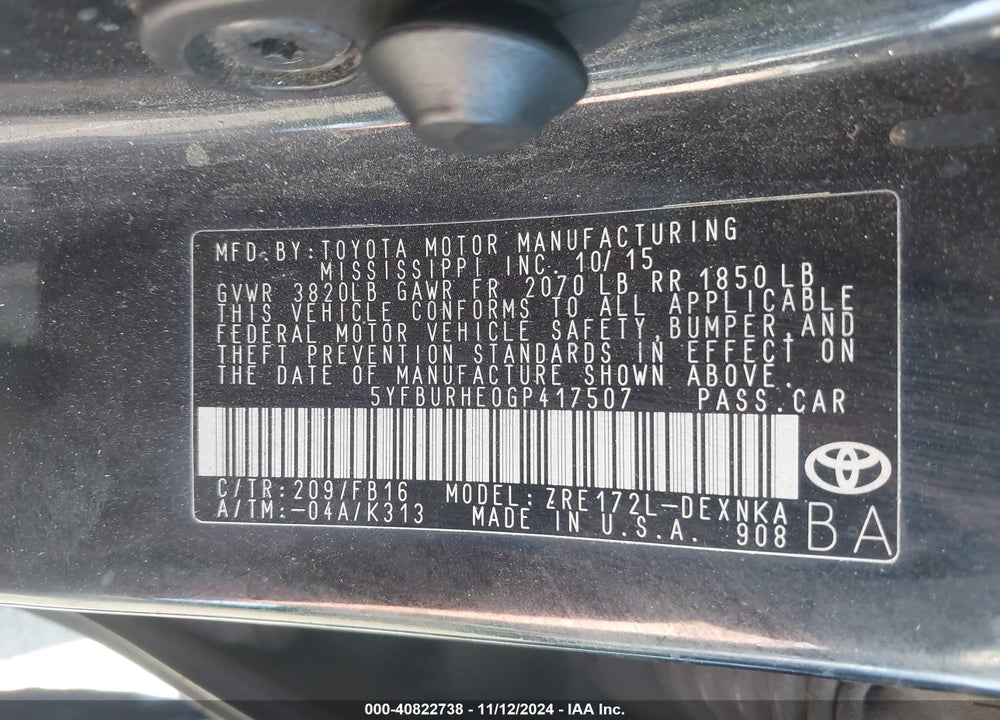 2016 TOYOTA COROLLA LE VIN: 5YFBURHE0GP417507