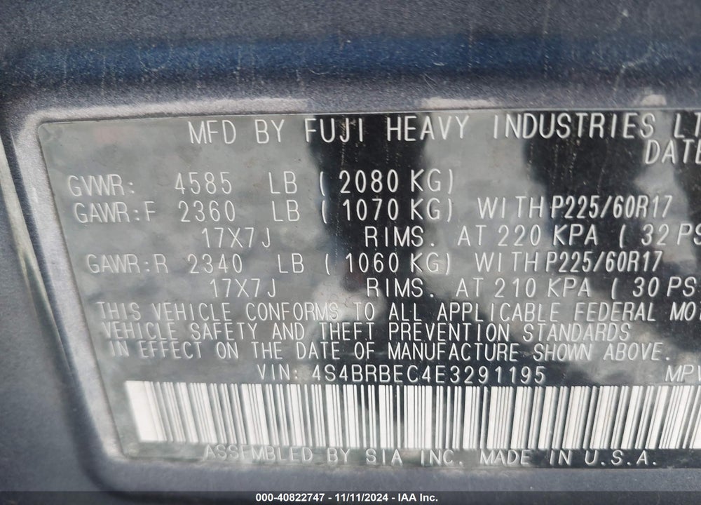 2014 SUBARU OUTBACK 2.5I PREMIUM VIN: 4S4BRBEC4E3291195