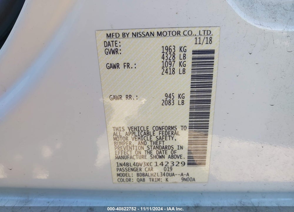 2019 NISSAN ALTIMA 2.5 SV VIN: 1N4BL4DV3KC142329