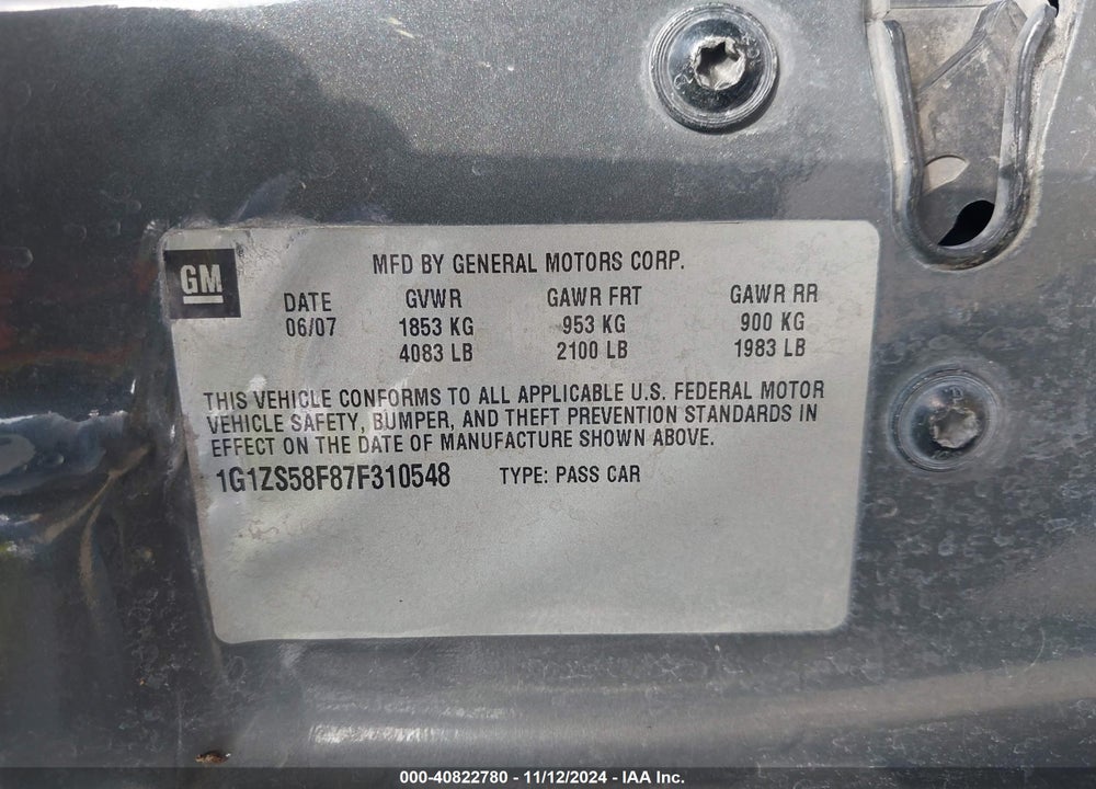 2007 CHEVROLET MALIBU VIN: 1G1ZS58F87F310548