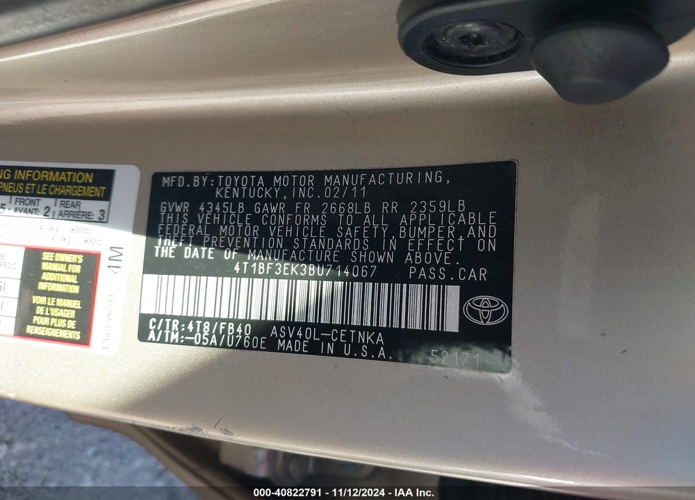 2011 TOYOTA CAMRY LE VIN: 4T1BF3EK3BU714067