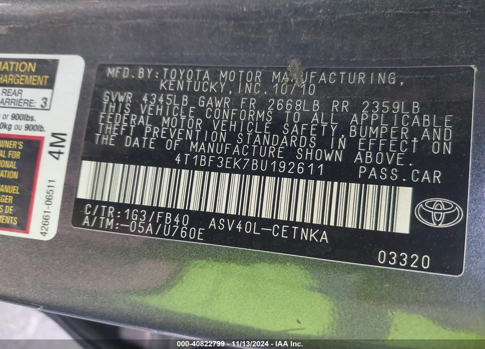 2011 TOYOTA CAMRY LE VIN: 4T1BF3EK7BU192611