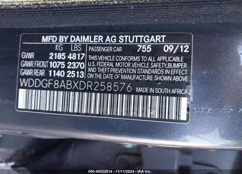 2013 MERCEDES-BENZ C 300 VIN: WDDGF8ABXDR258576