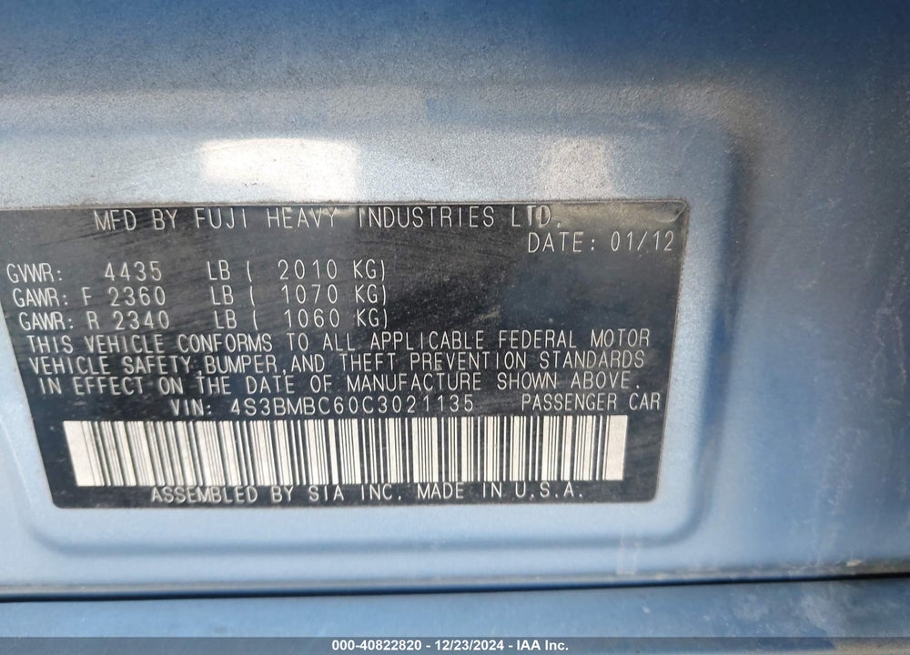 2012 SUBARU LEGACY 2.5I PREMIUM VIN: 4S3BMBC60C3021135