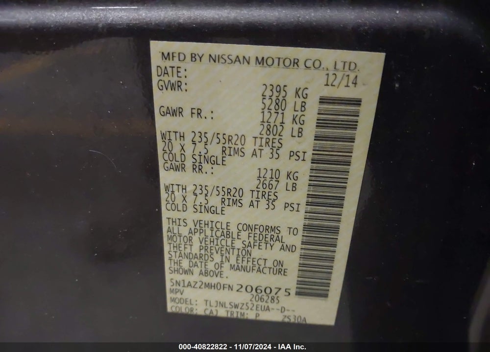 2015 NISSAN MURANO PLATINUM VIN: 5N1AZ2MH0FN206075