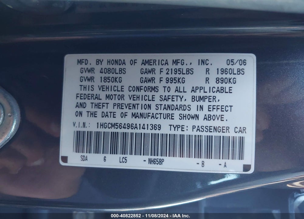 2006 HONDA ACCORD 2.4 LX VIN: 1HGCM56496A141369
