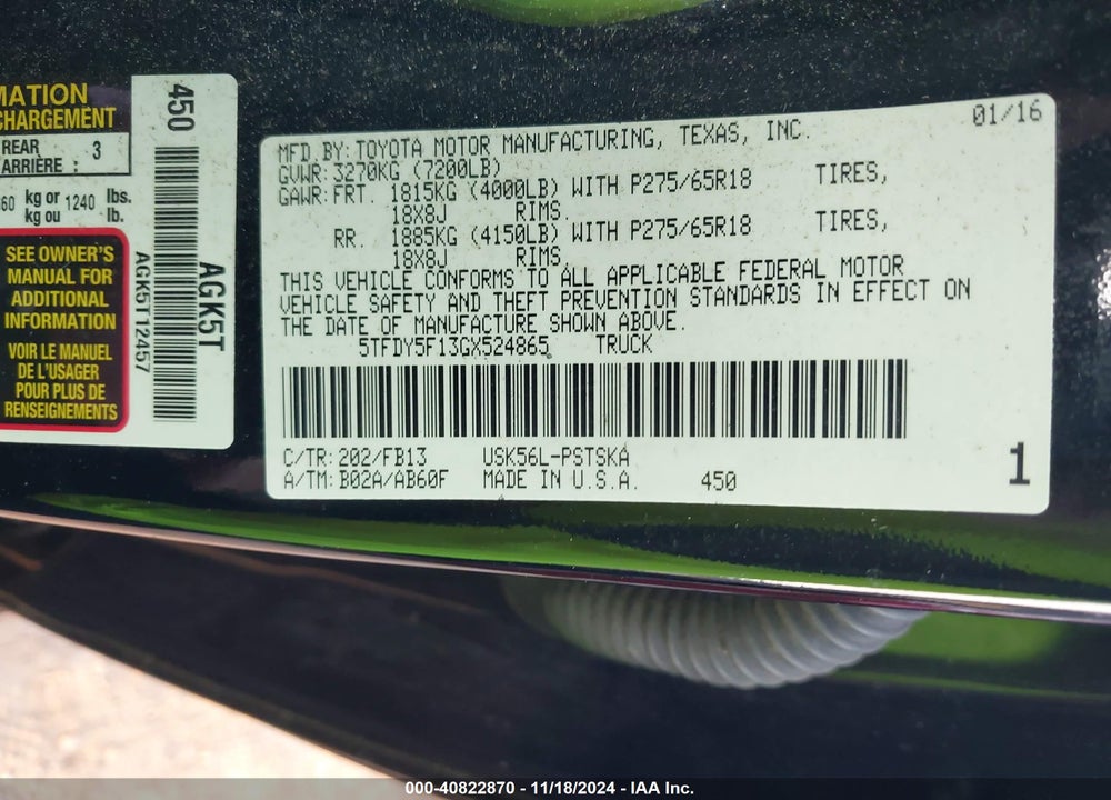 2016 TOYOTA TUNDRA SR5 5.7L V8 VIN: 5TFDY5F13GX524865