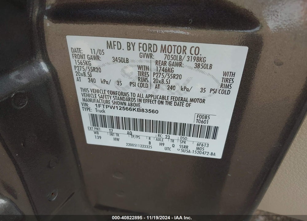2006 FORD F-150 LARIAT/XLT VIN: 1FTPW12566KB83560