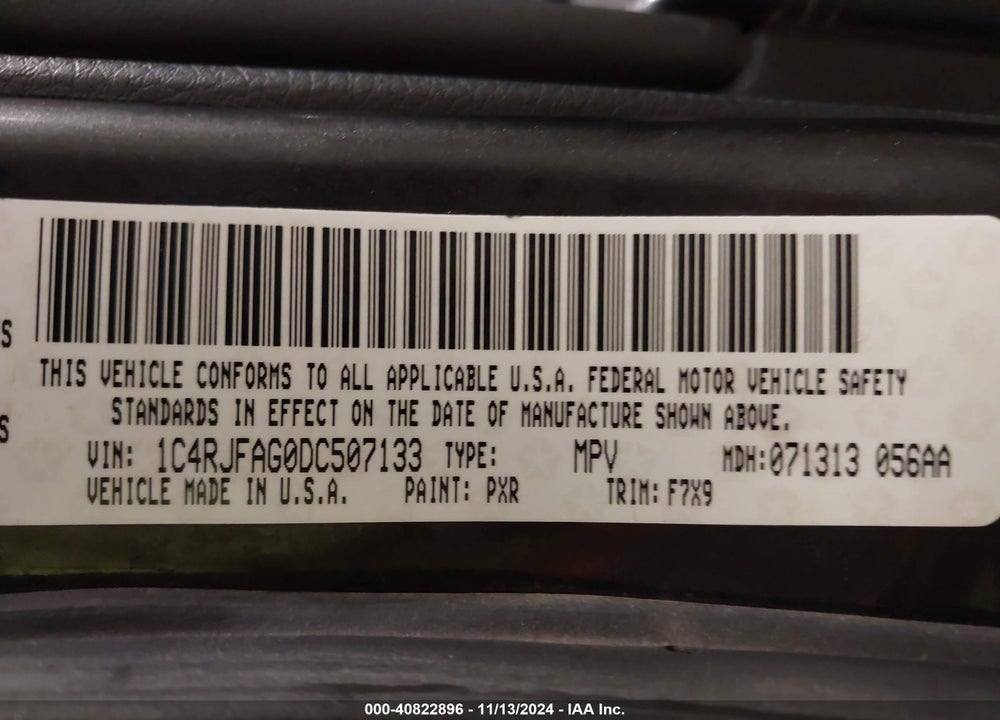 2013 JEEP GRAND CHEROKEE VIN: 1C4RJFAG0DC507133